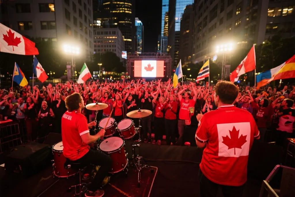 城市广场的世界杯球迷聚会，枫叶红与多元旗帜交织，鼓手与合唱人群